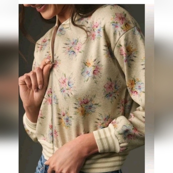 Anthropologie Maeve Floral Lurex Knit Bomber Jacket Size Large - Picture 3 of 6